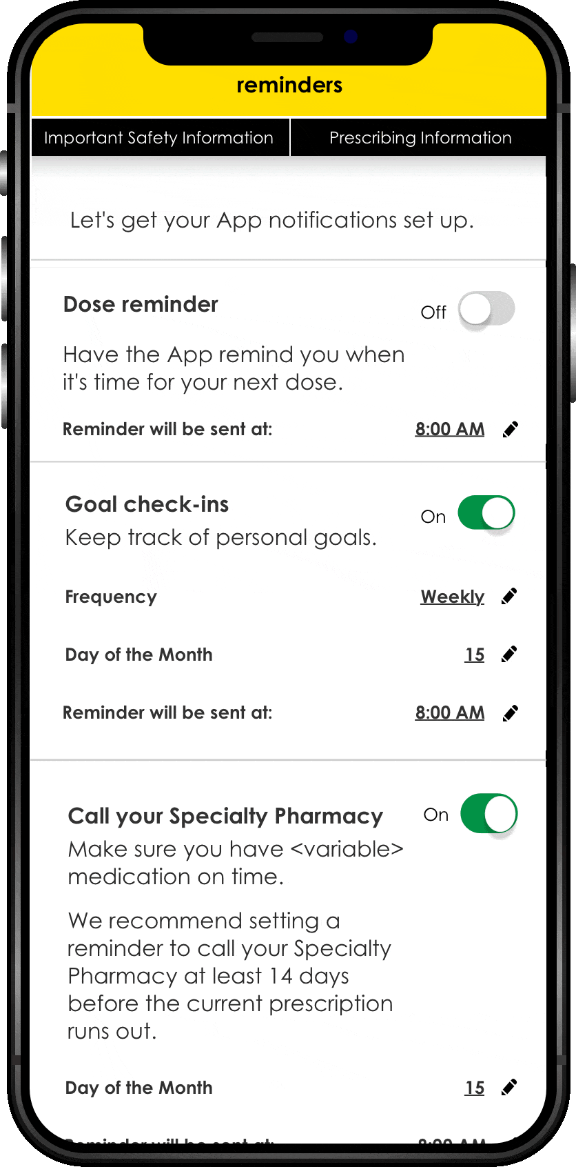 Phone screen showing dose logging on the RINVOQ Complete app